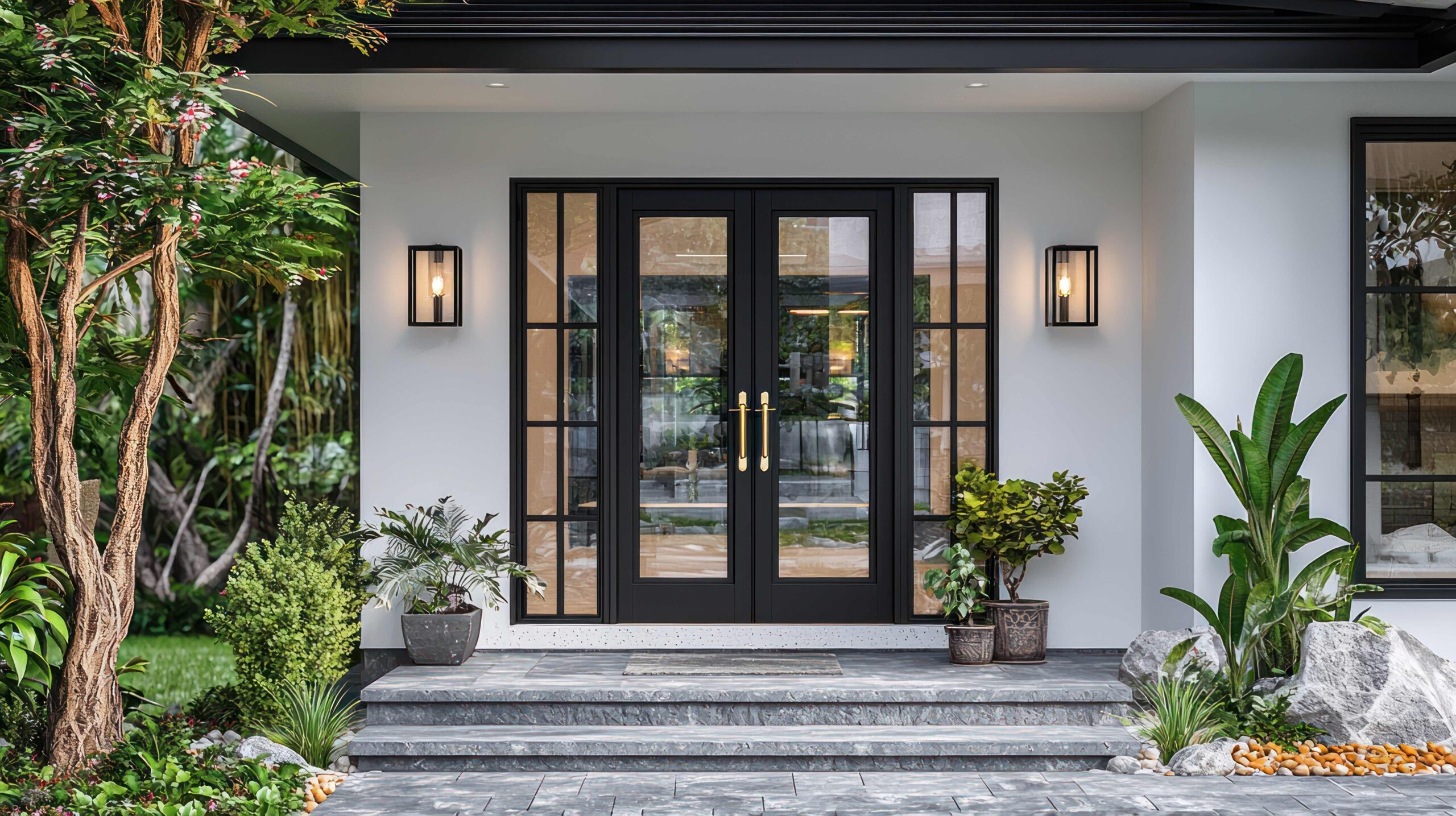 Moderner Hauseingang mit schwarzen Türen und üppigem Grün